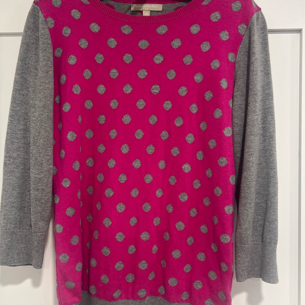 Banana Republic Pink Polka Dot Crewneck Sweater with Gray Sleeves